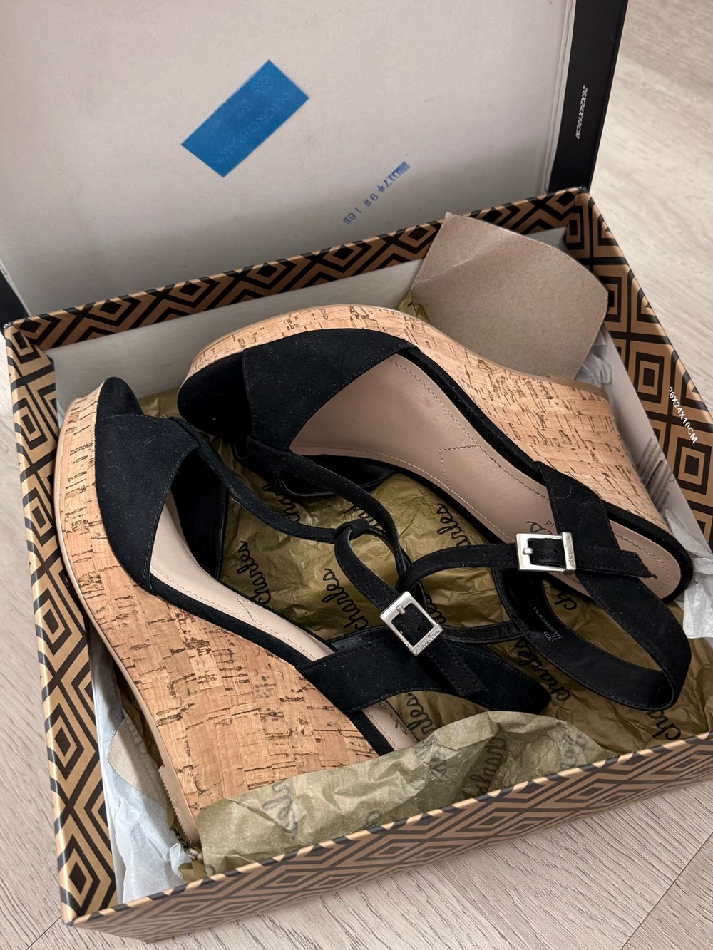 Charles by Charles David Black Cork Wedge Sandals with Buckles